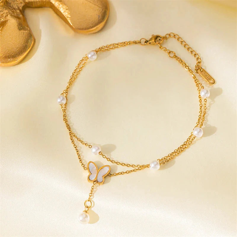 Double Chain Pearl Butterfly Ankle Bracelet
