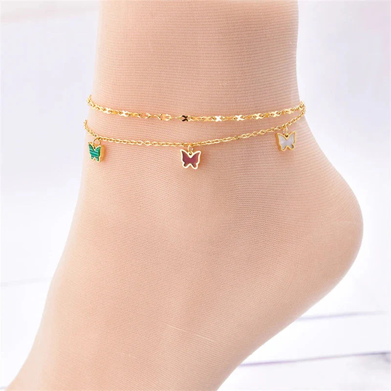 Multicolored Butterfly Anklet Gold