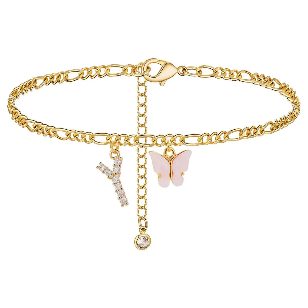 Initial Cuban Link Anklet Butterfly Jewelry