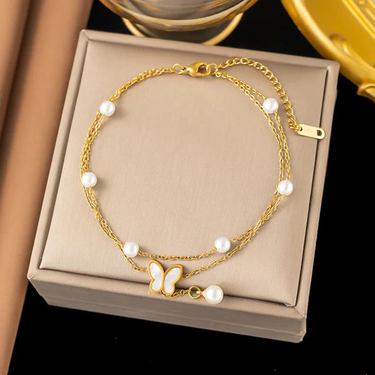 Double Chain Pearl Butterfly Ankle Bracelet