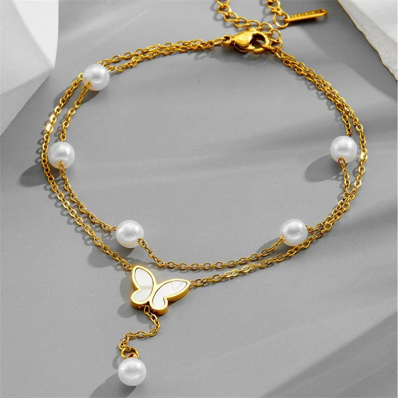 Double Chain Pearl Butterfly Ankle Bracelet