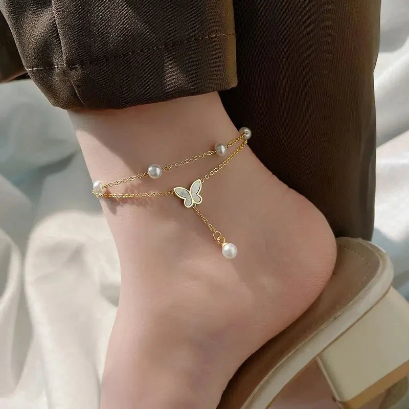Double Chain Pearl Butterfly Ankle Bracelet