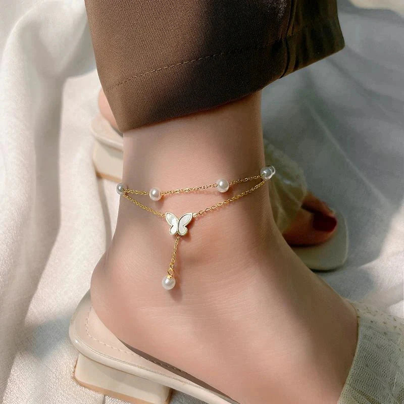 Double Chain Pearl Butterfly Ankle Bracelet