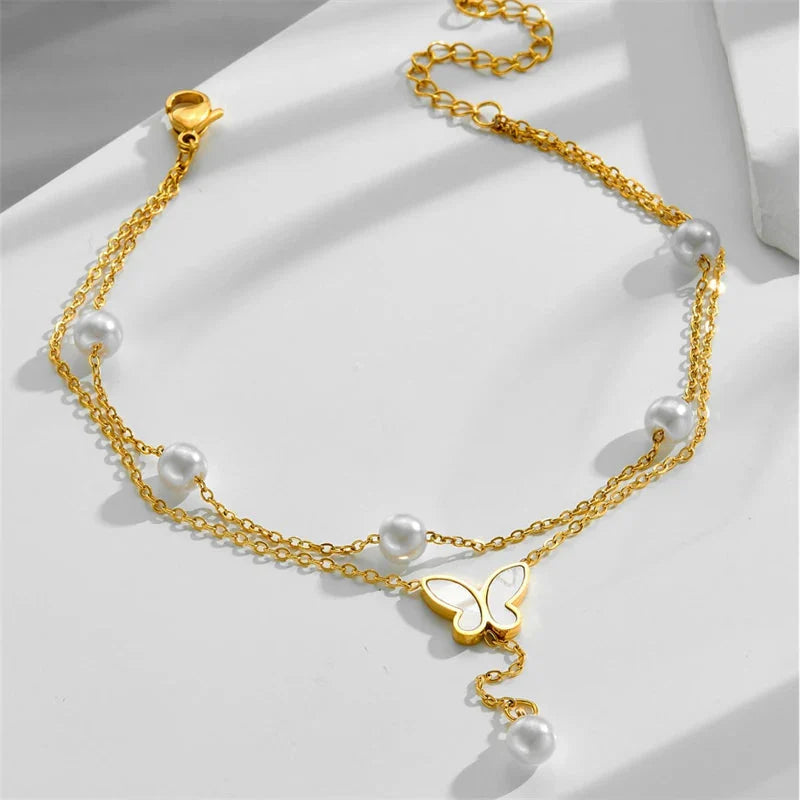 Double Chain Pearl Butterfly Ankle Bracelet