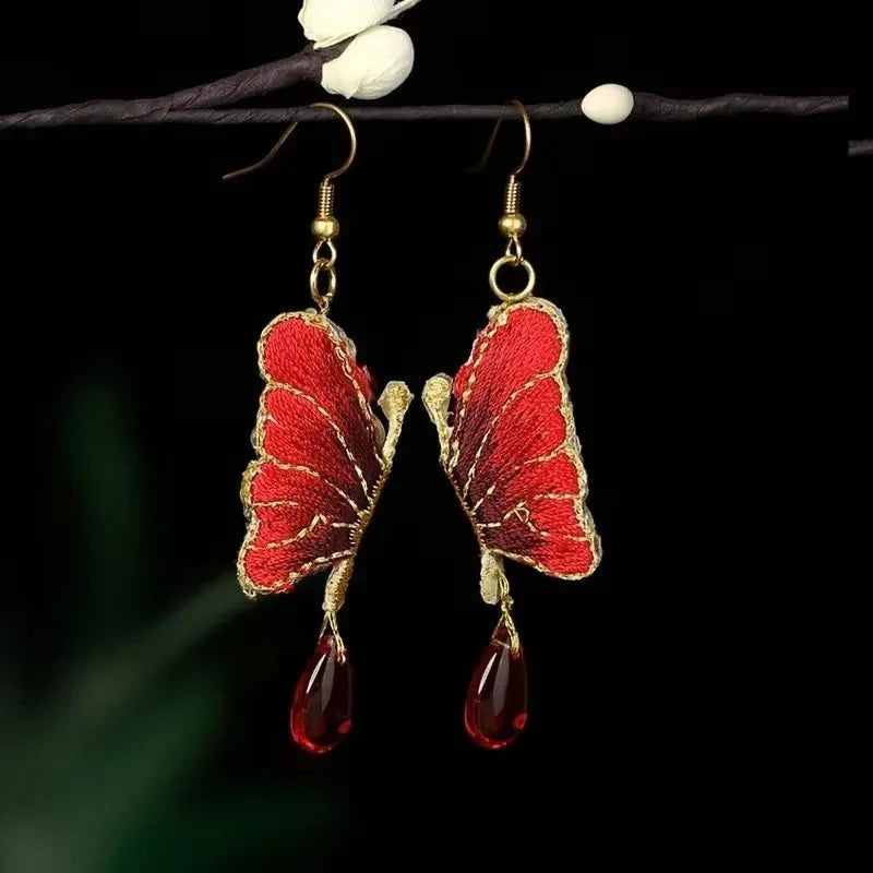 Embroidered Butterfly Earrings red