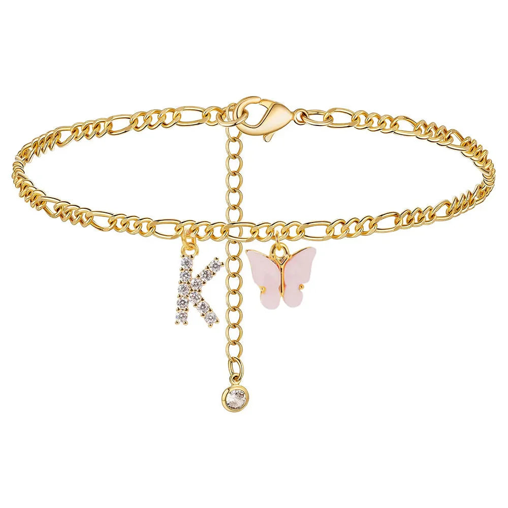 Initial Cuban Link Anklet Butterfly Jewelry
