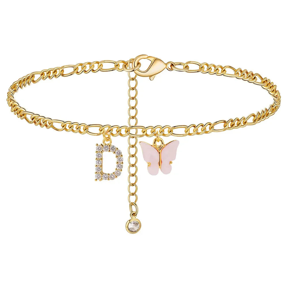 Initial Cuban Link Anklet Butterfly Jewelry