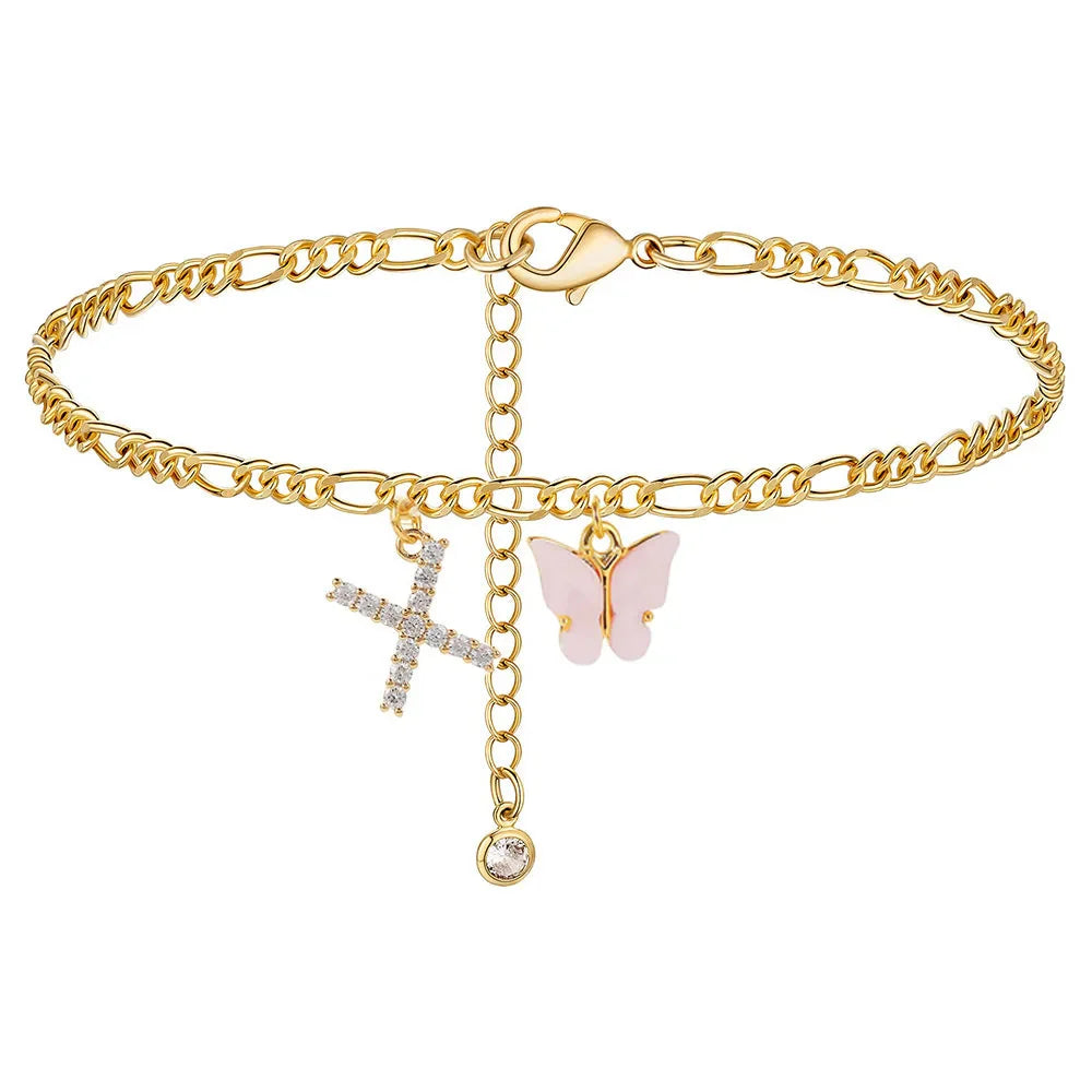 Initial Cuban Link Anklet Butterfly Jewelry