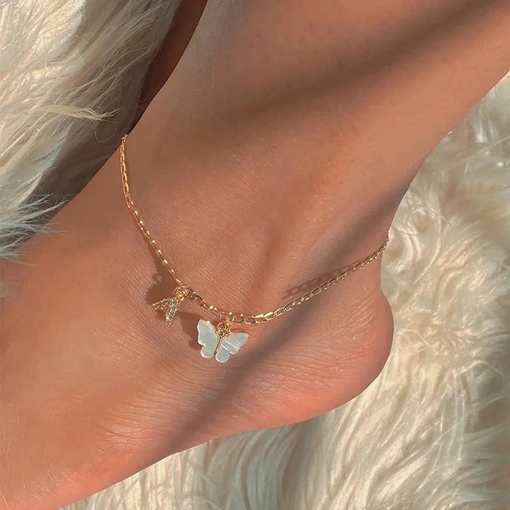 Initial Cuban Link Anklet Butterfly Jewelry